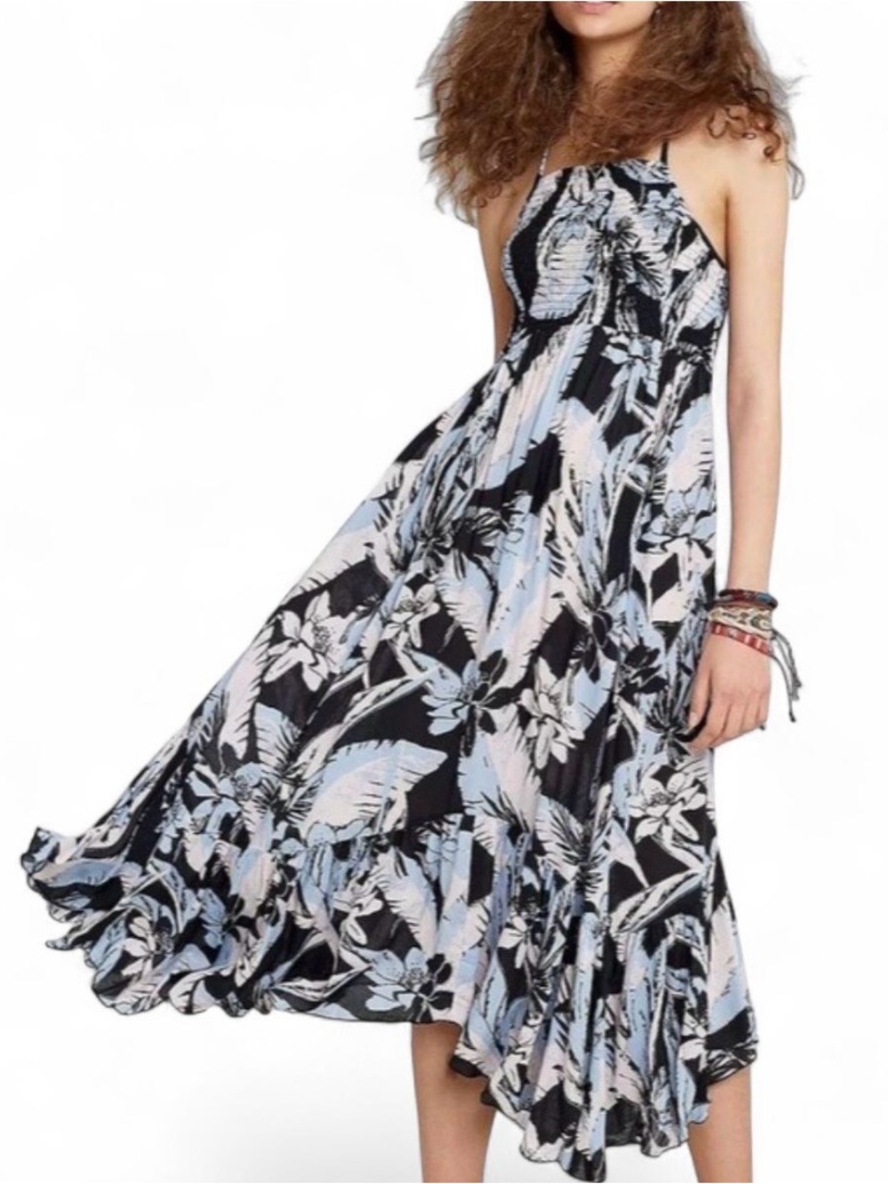 Free People Black and Light Blue Floral Halter Midi Dress